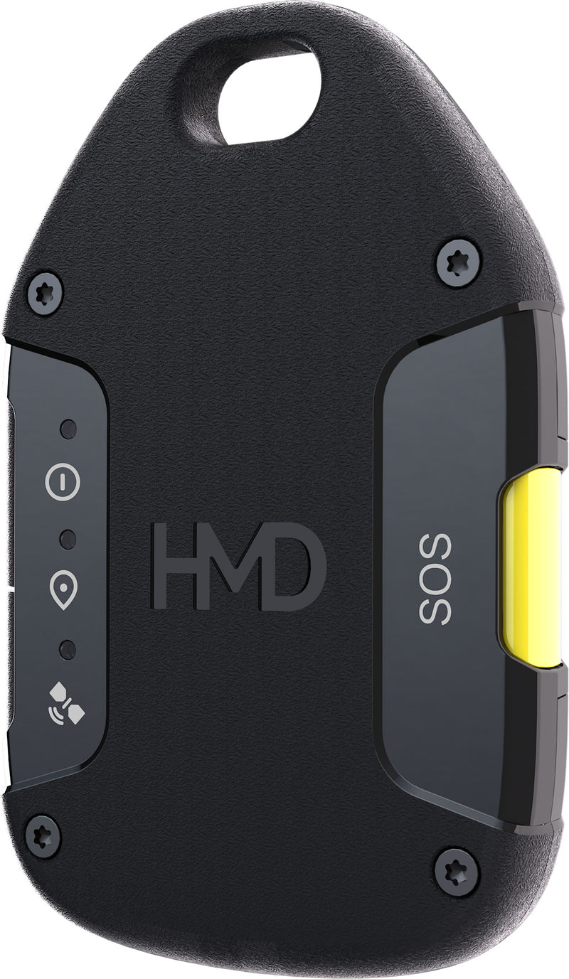HMD OffGrid satellite communicator in Neon Black, front view with SOS beside the yellow button and power, location and satellite icons on the left panel