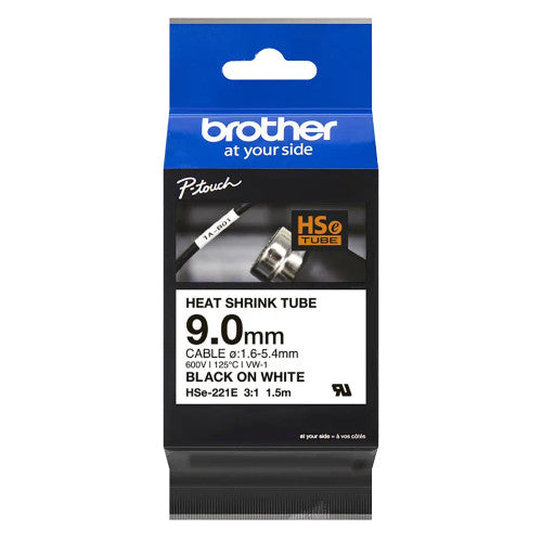 Brother HSE221E Heat Shrink Label Cassette 9mm x 15m Black on White