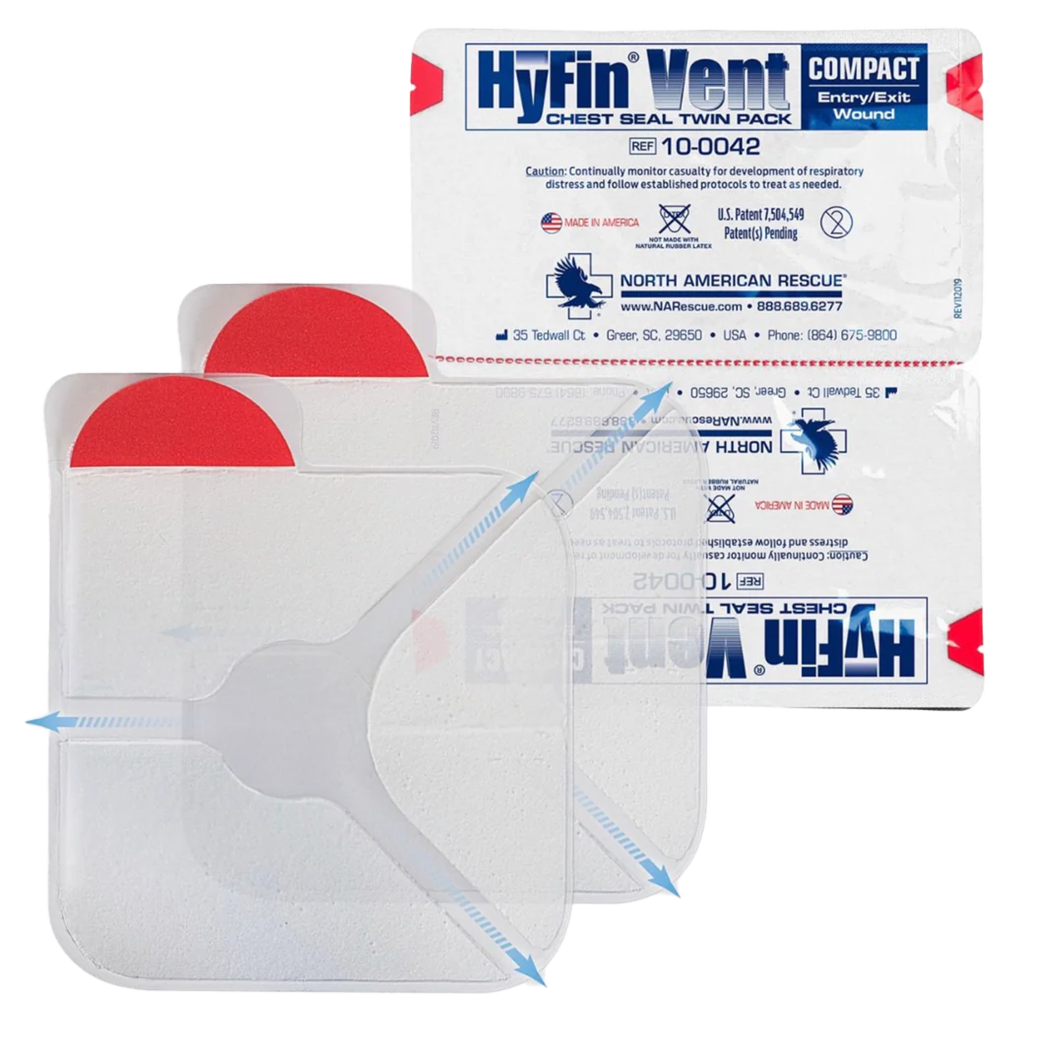 HYFIN Vent Chest Seal pack of 2 showing vented occlusive chest seals with multi-channel flutter valve for open pneumothorax pre-hospital trauma management