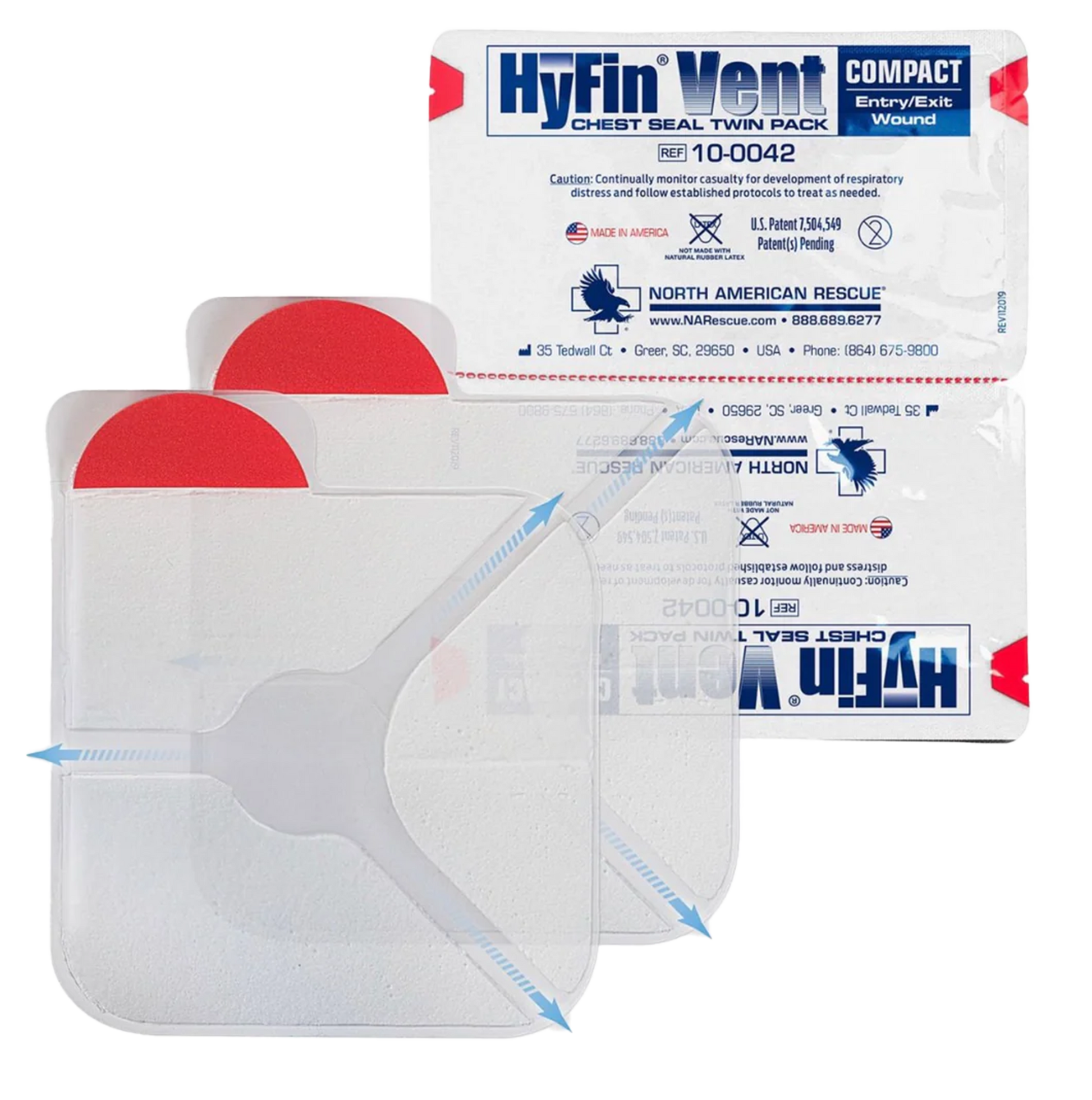 HYFIN Vent Chest Seal pack of 2 showing vented occlusive chest seals with multi-channel flutter valve for open pneumothorax pre-hospital trauma management