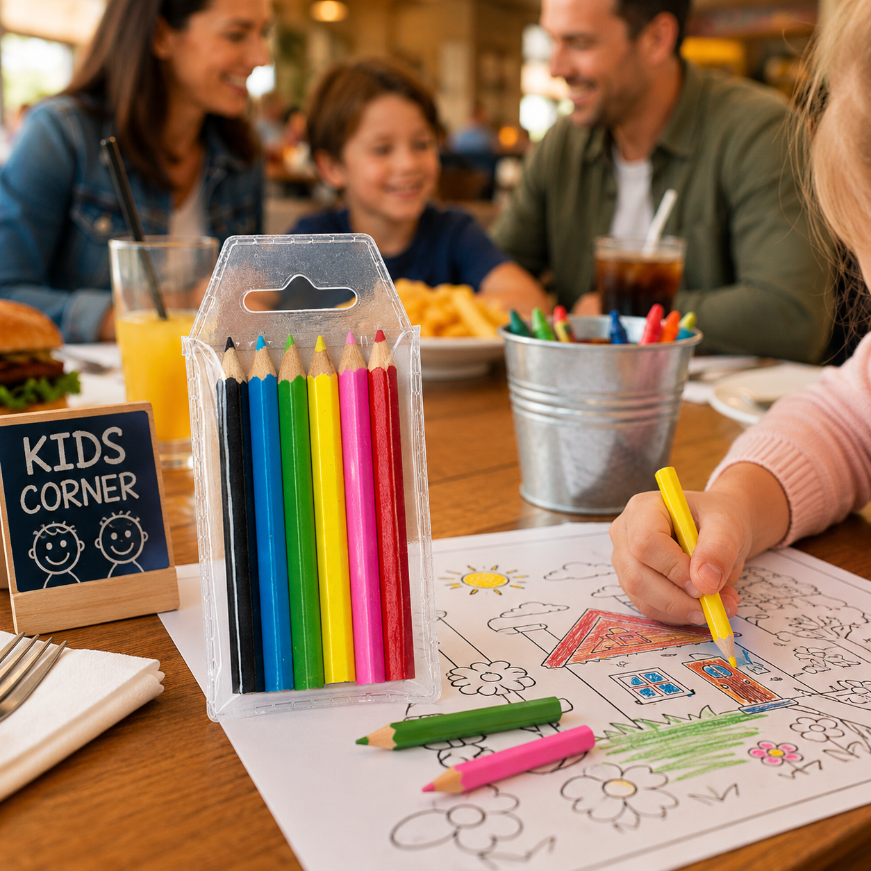 Half length colouring pencils in a clear wallet on a family restaurant table with a child colouring, activity sheet, drinks and a relaxed hospitality setting.