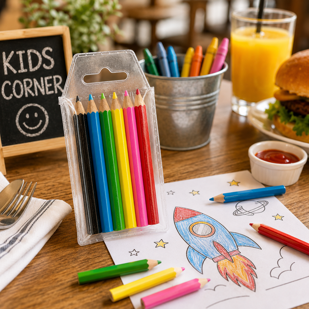 Clear wallet of assorted half length colouring pencils beside a kids activity sheet, crayons, drink and meal on a bright family friendly venue table.