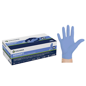 Halyard Aquasoft blue nitrile examination gloves in extra large, single glove shown beside the tall dispenser box of 250 against a plain background