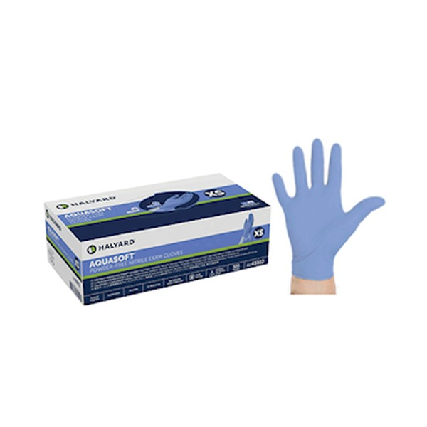 Halyard Aquasoft blue nitrile examination gloves in extra large, single glove shown beside the tall dispenser box of 250 against a plain background
