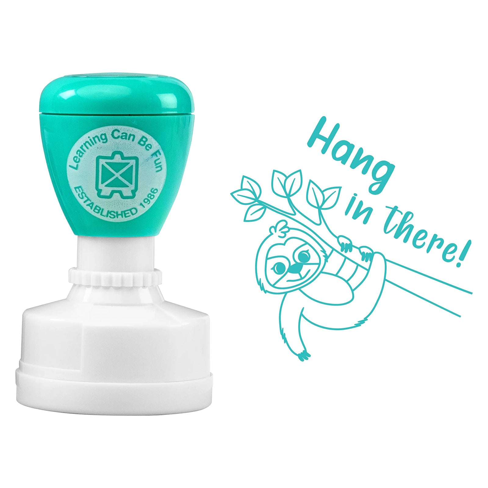 Product image showing the self inking stamp alongside the detailed sloth artwork and motivational wording. The bright aqua design is ideal for rewarding effort and supporting student wellbeing.