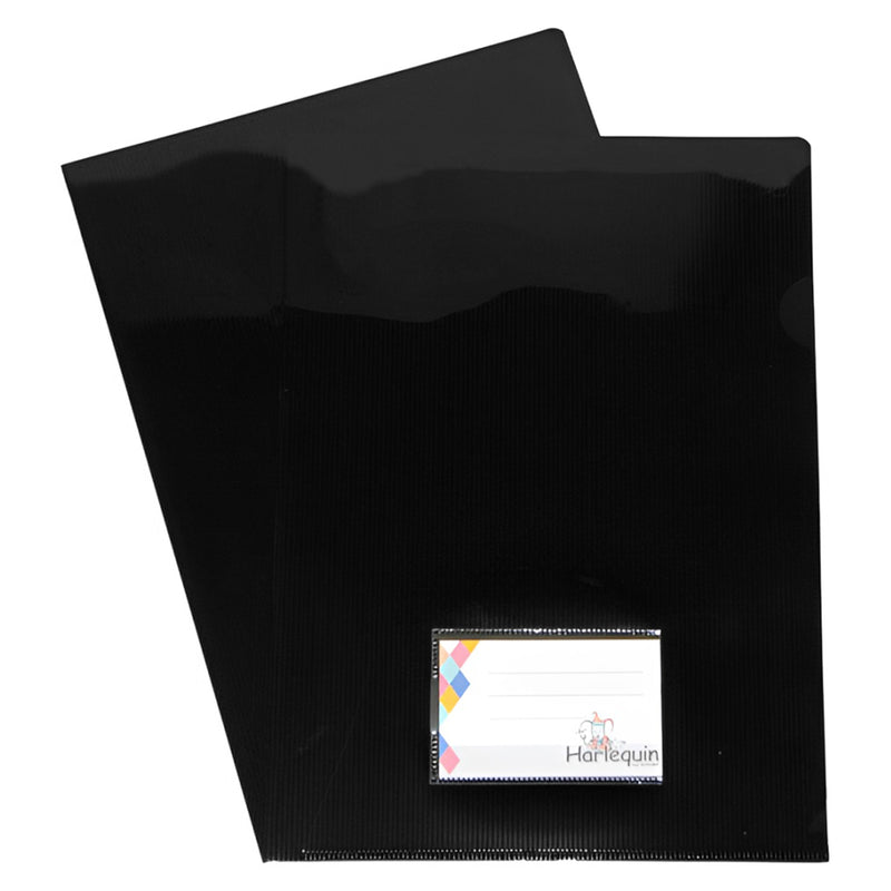 Front view of two Harlequin black letter files displayed against a plain white background. The image clearly highlights the durable black finish, slim profile and integrated front card pocket, making it ideal for identifying the product's design and filing functionality.
