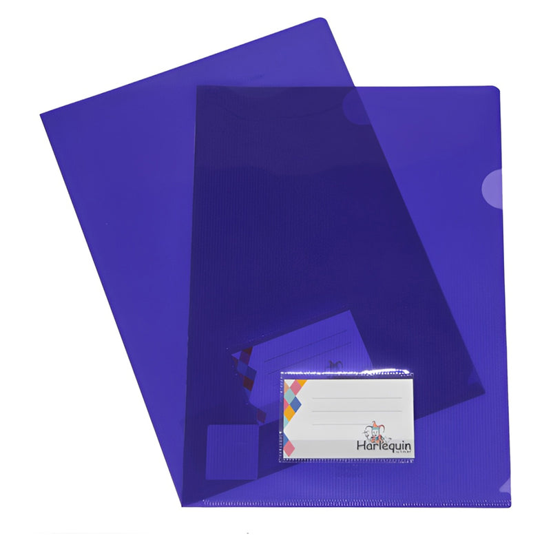 Front view of Harlequin purple letter files displayed against a clean white background. The image clearly shows the smooth purple finish, integrated card pocket and overall product design, making it ideal for identifying the product's appearance and filing functionality.