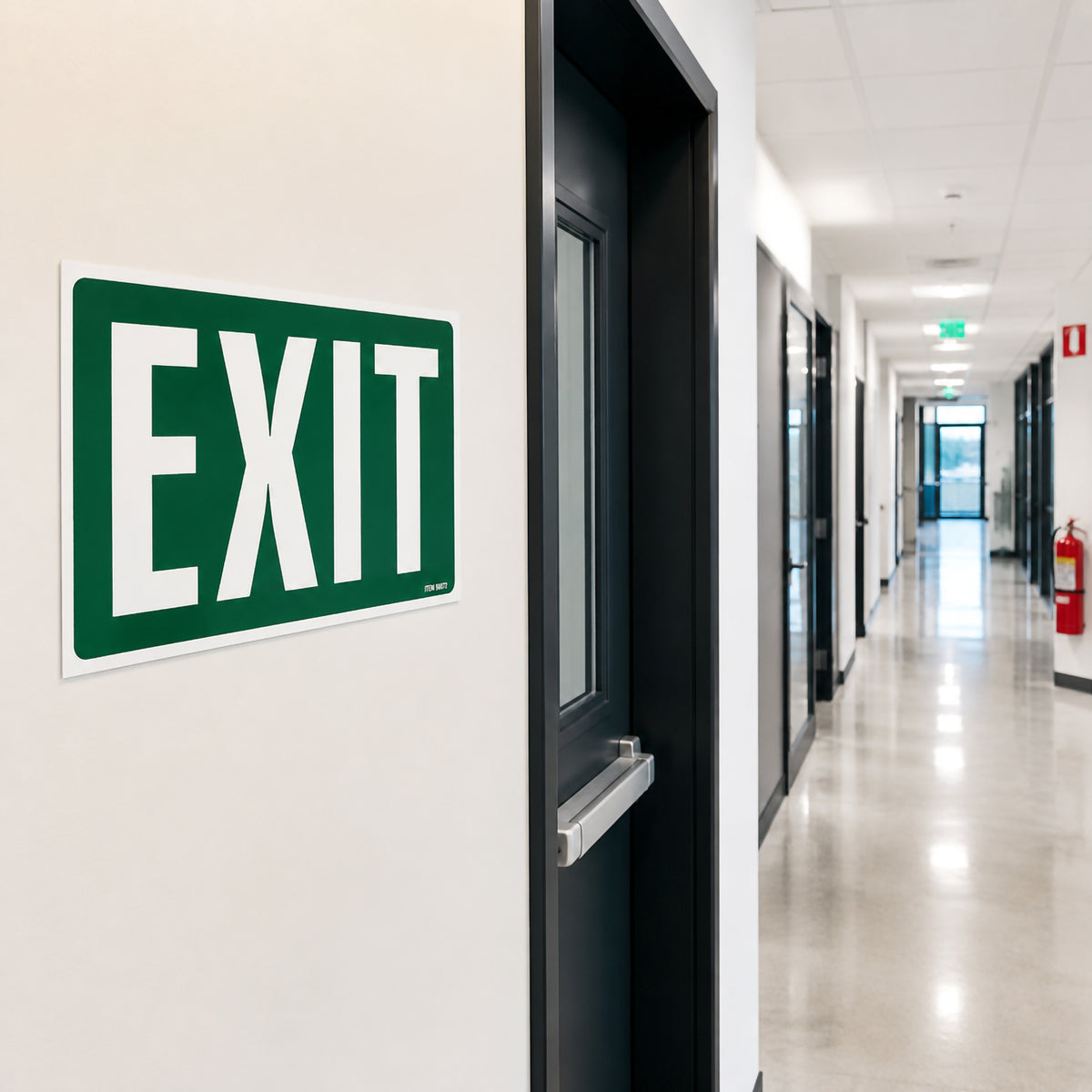 Wide office corridor showing the Headline Exit Sign mounted beside an exit door. The green and white safety sign is positioned at eye level on a clean wall, clearly identifying the exit in a modern commercial building with long hallways and emergency access.