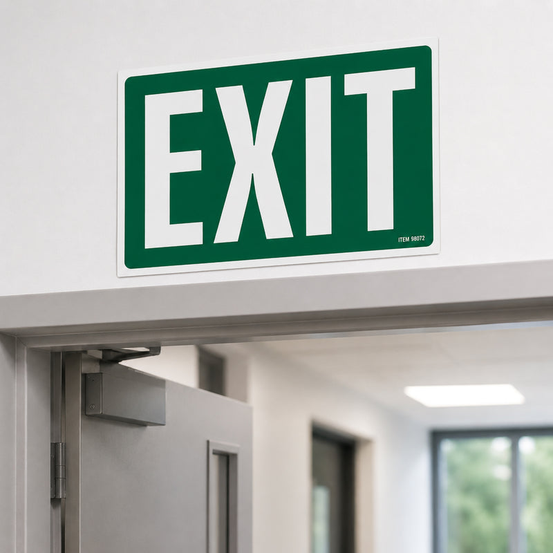 The Headline Exit Sign mounted above an open doorway in a commercial building. The image illustrates a typical installation point for improving emergency exit visibility while complementing a clean, professional workplace environment.