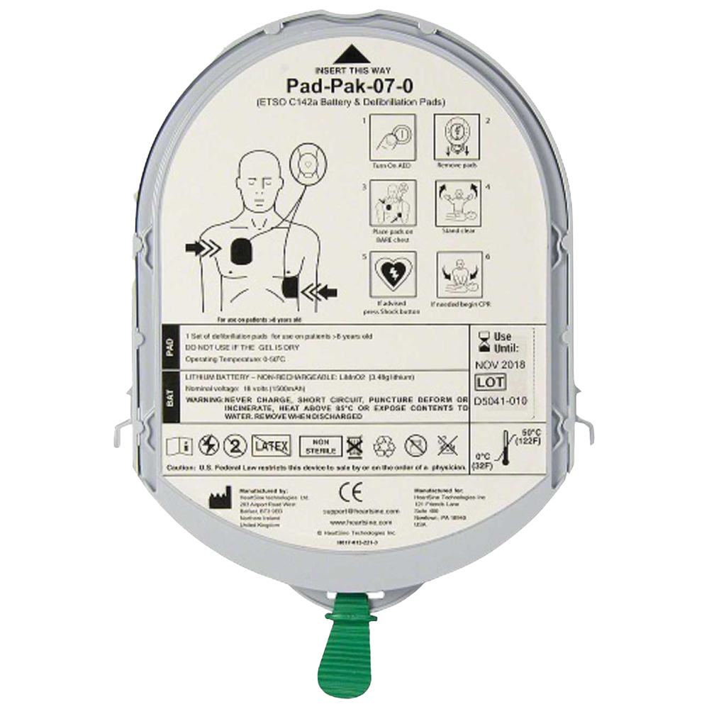 HeartSine Aviation Approved Pad-Pak Adult combined electrode and battery cartridge for aviation AED compliance