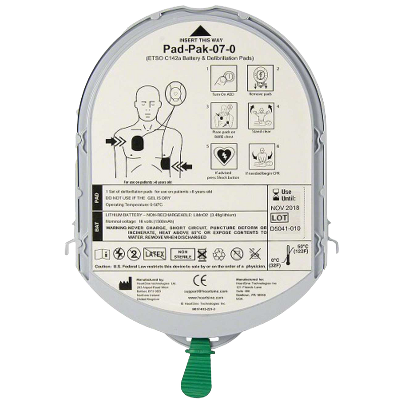 HeartSine Aviation Approved Pad-Pak Adult combined electrode and battery cartridge for aviation AED compliance
