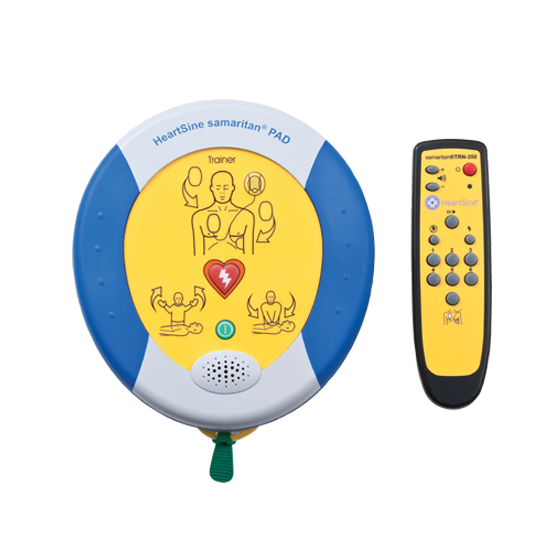 HeartSine Samaritan 350P Trainer Defibrillator showing AED training simulator with remote control for device-matched HeartSine 350P skills training