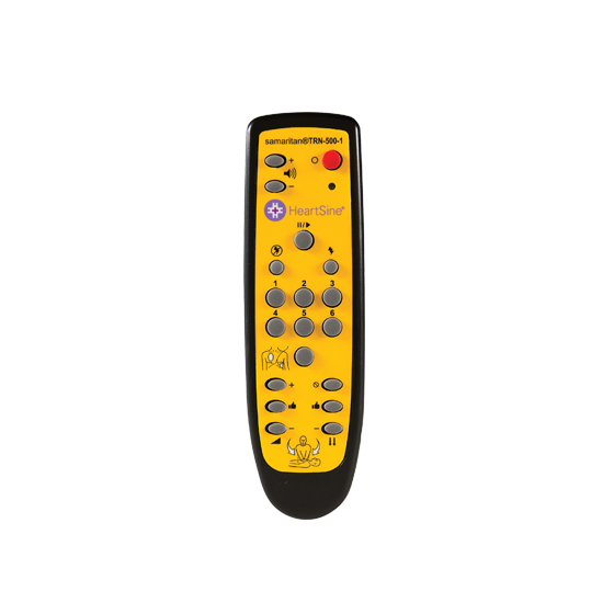 HeartSine Samaritan 500P AED Trainer Remote Control showing instructor remote for controlling AED training simulation scenarios with the HeartSine 500P PAD Trainer