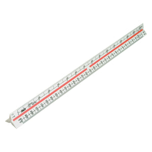 Helix 30cm triangular scale rule in white with a red band, angled view
