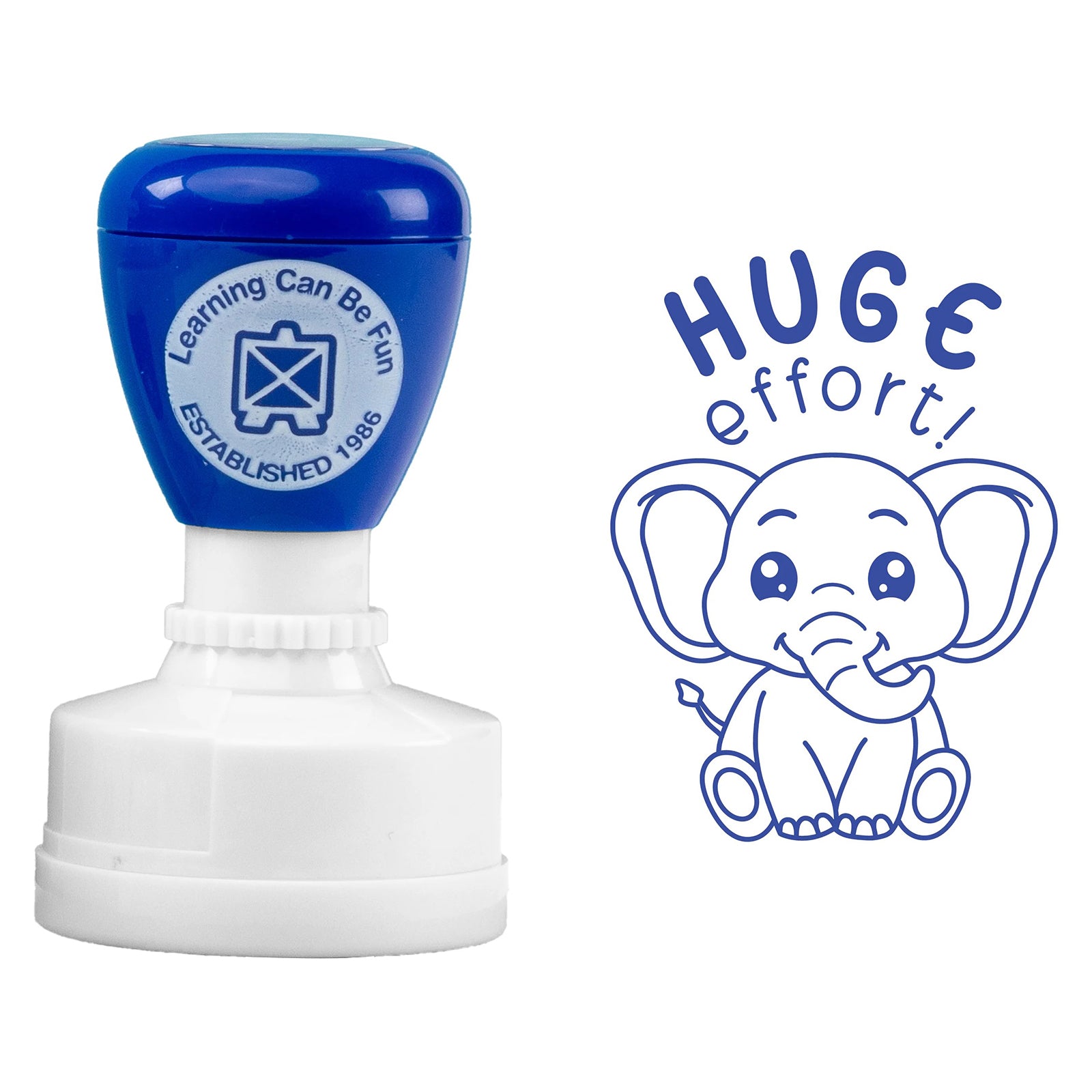 Product image showing the blue self inking stamp alongside the detailed Huge Effort elephant artwork. The playful educational design makes it ideal for teacher feedback, rewards and classroom motivation.