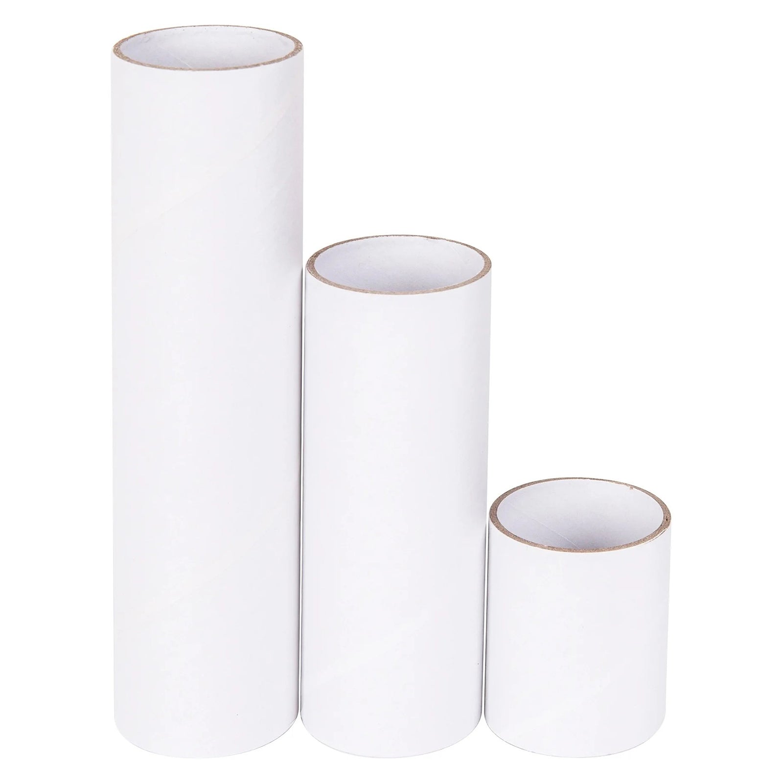 Product image showing three white cardboard craft rolls in assorted heights and sizes against a plain background. The clean, smooth finish and sturdy construction highlight their suitability for painting, decorating, model building and a wide range of classroom and creative projects.