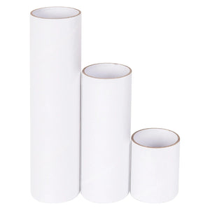 Product image showing three white cardboard craft rolls in assorted heights and sizes against a plain background. The clean, smooth finish and sturdy construction highlight their suitability for painting, decorating, model building and a wide range of classroom and creative projects.