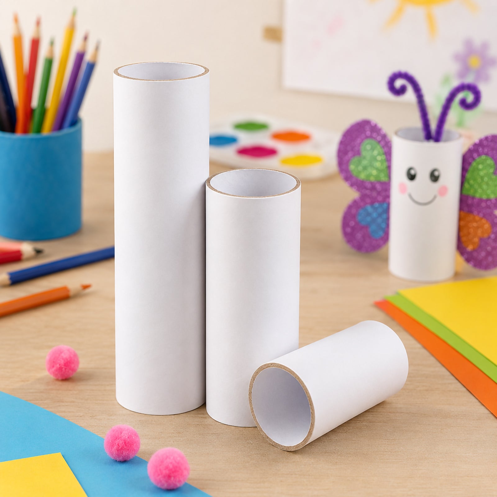 Three hygienic white craft rolls displayed in assorted sizes on a craft table with coloured paper, pencils and decorative materials. A completed butterfly themed project in the background showcases the versatility of the rolls for model making, decoration and educational art activities.
