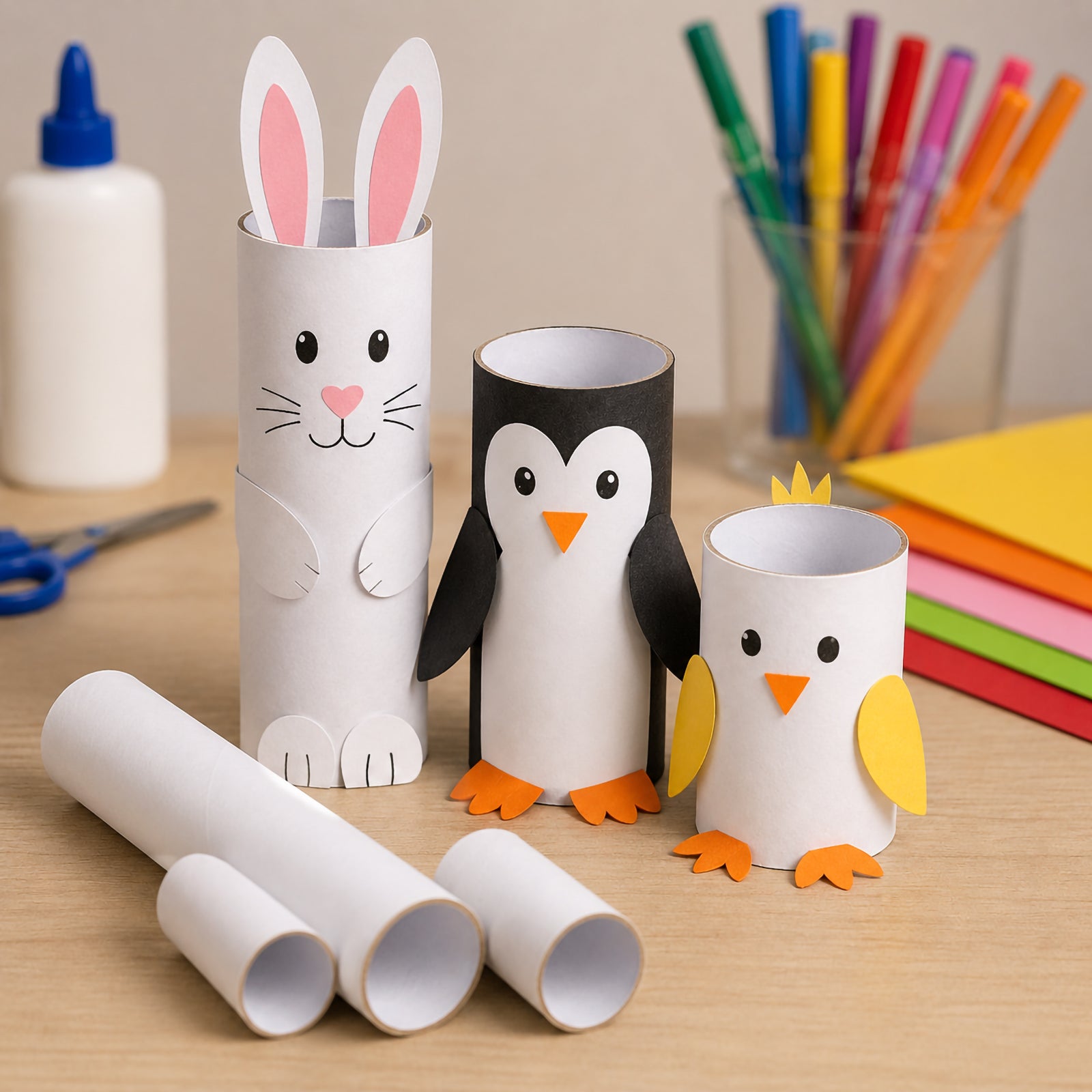 Decorated white craft rolls transformed into charming animal characters including a rabbit and penguins. Craft supplies such as glue, coloured paper and markers are displayed nearby, highlighting the rolls as an excellent base for classroom art projects, storytelling activities and creative craft sessions.