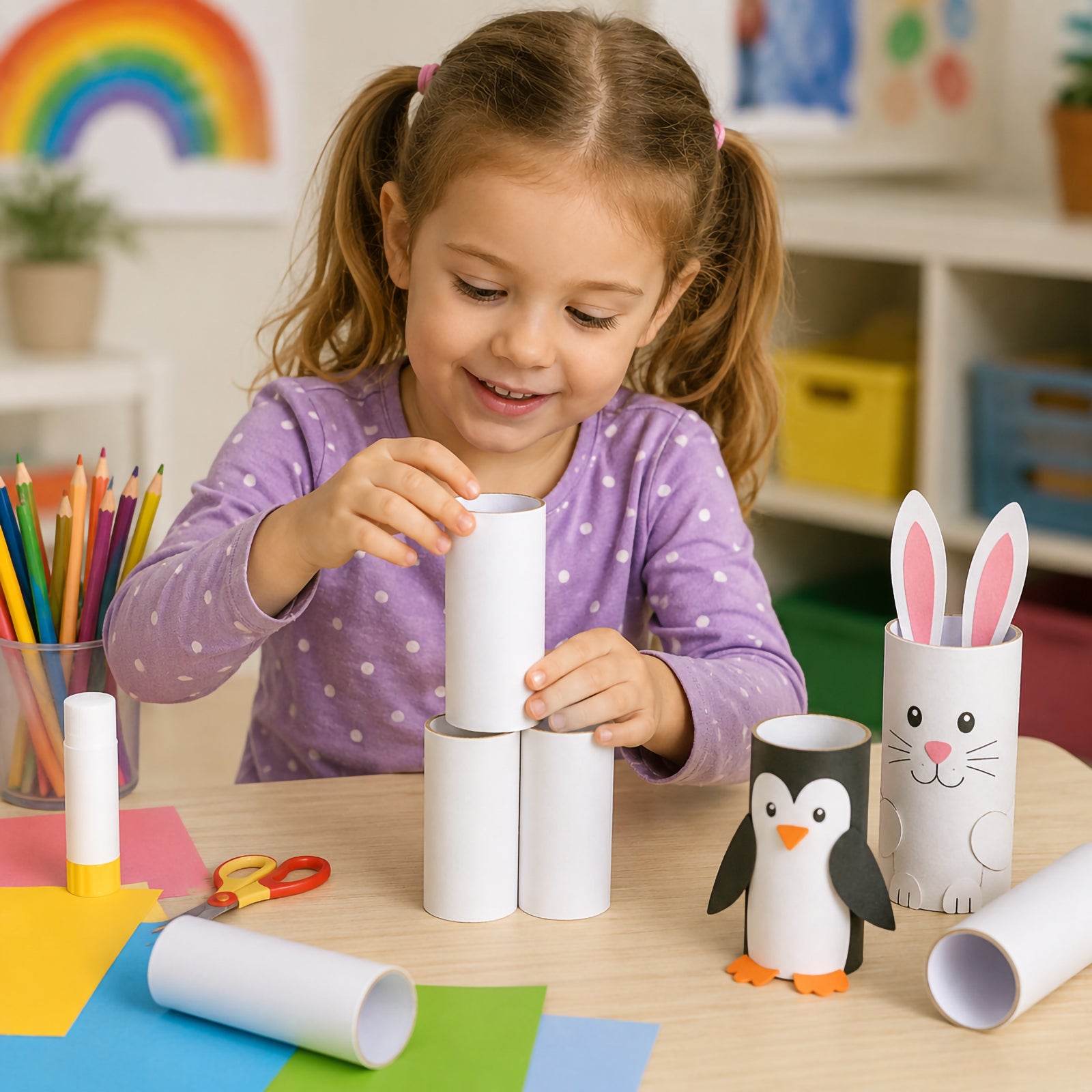 Young child building and stacking assorted white craft rolls during a creative classroom activity. Colourful craft paper, pencils and completed animal themed projects surround the workspace, demonstrating how the hygienic cardboard rolls can be used for imaginative construction, educational play and hands on learning experiences.