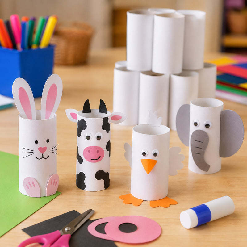 White cardboard craft rolls transformed into animal characters including a rabbit, cow, chick and elephant. Craft paper, scissors and glue are arranged nearby, demonstrating how the rolls can be used for educational art projects, puppet making and creative play.