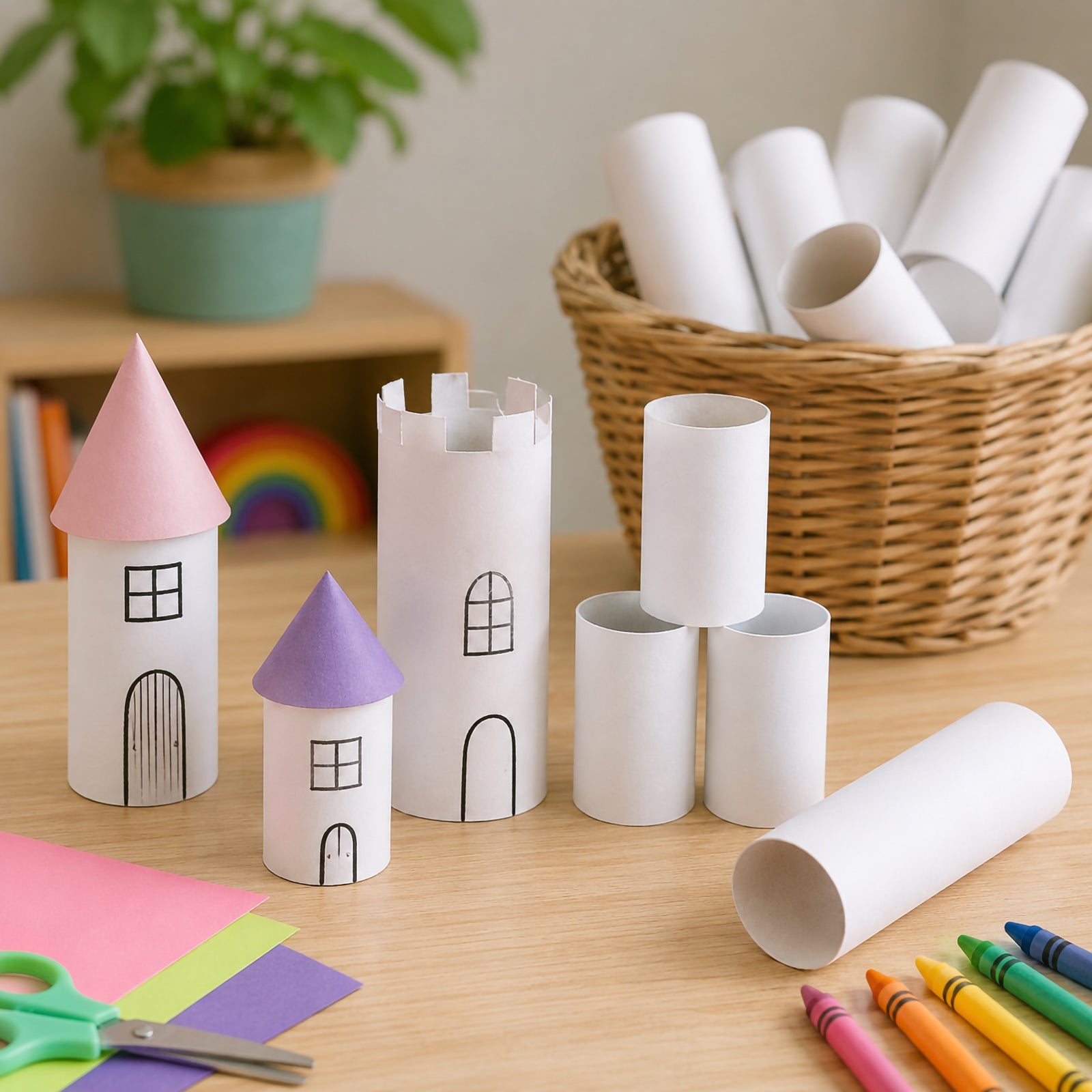 Several white hygienic craft rolls displayed alongside completed castle themed craft projects made from decorated cardboard tubes. The image highlights the rolls as an ideal foundation for model building, classroom crafts, creative construction and imaginative storytelling activities.