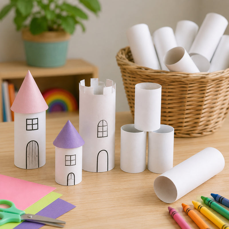 Several white hygienic craft rolls displayed alongside completed castle themed craft projects made from decorated cardboard tubes. The image highlights the rolls as an ideal foundation for model building, classroom crafts, creative construction and imaginative storytelling activities.