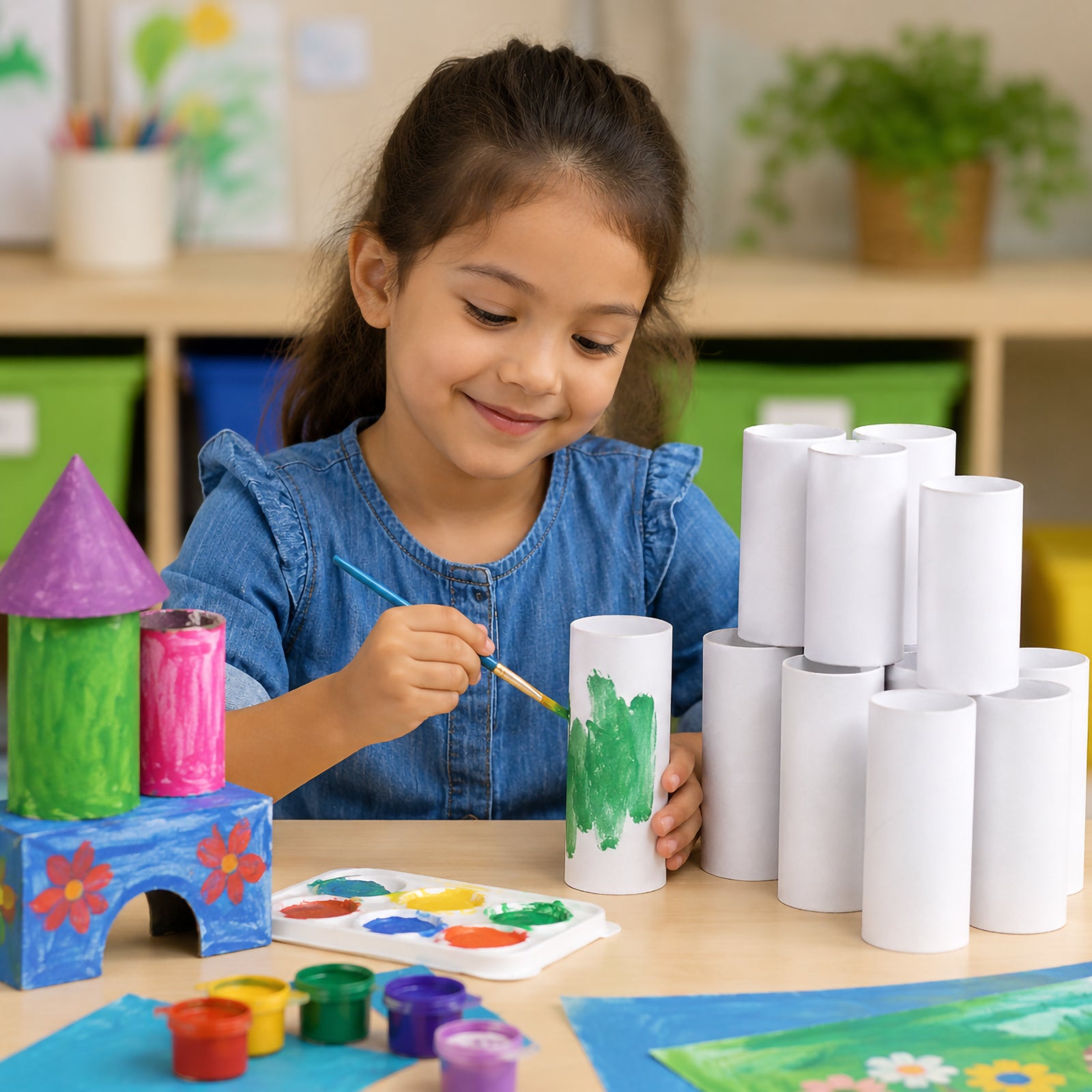 Child engaged in a classroom craft activity painting a white cardboard craft roll while surrounded by colourful art supplies and handmade structures. Multiple hygienic white craft rolls are stacked on the table, demonstrating their suitability for creative learning, construction projects and imaginative educational activities.