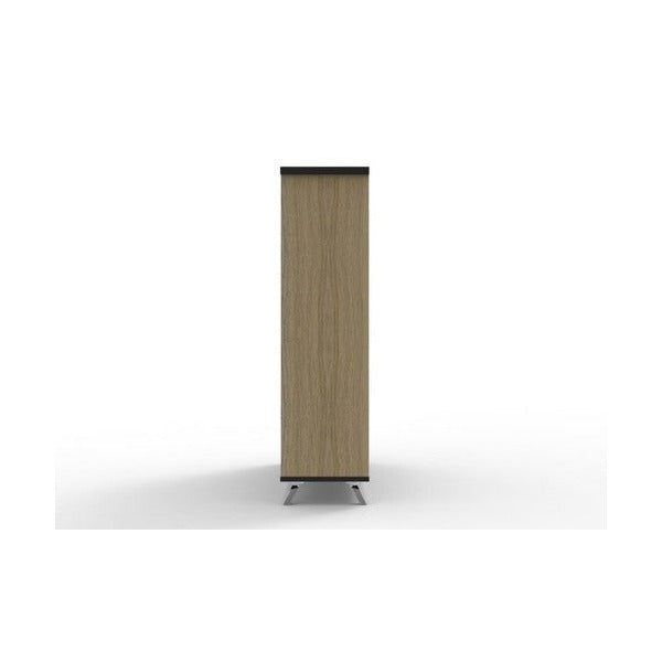 Side view of the Rapidline Rapid Infinity bookcase in Natural Oak, showing the end panel, black top edge and tapered legs.