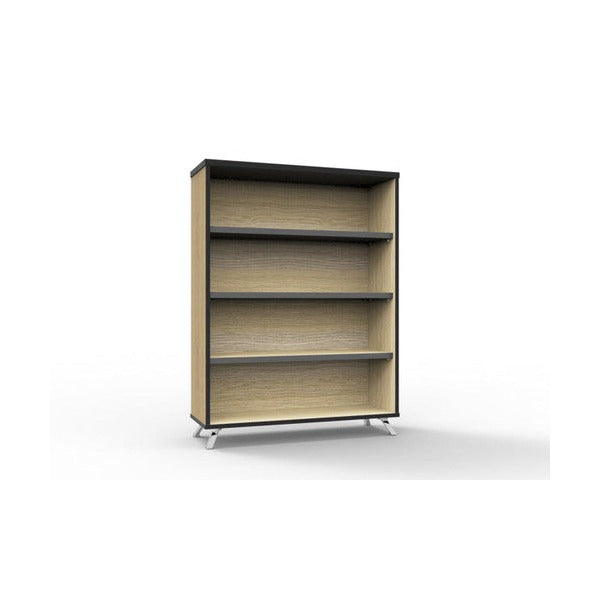 Rapidline Rapid Infinity bookcase in Natural Oak with black edging and open adjustable shelves, standing on polished aluminium tapered legs.