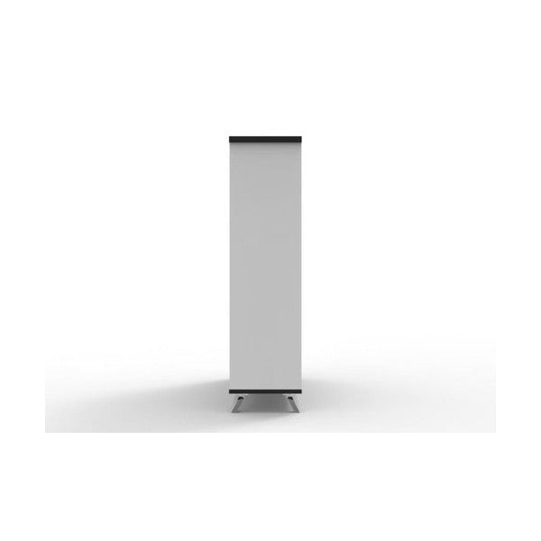 Side view of the Rapidline Rapid Infinity bookcase in Natural White, showing the end panel, black top edge and tapered legs.
