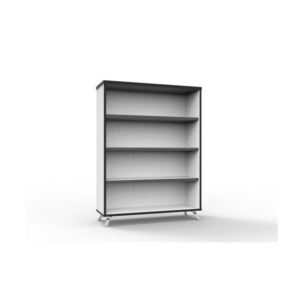 Rapidline Rapid Infinity bookcase in Natural White with black edging and open adjustable shelves, standing on polished aluminium tapered legs.