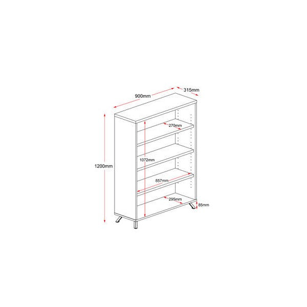 Line drawing of the Rapidline Rapid Infinity bookcase with overall height, width, depth and shelf spacing marked.