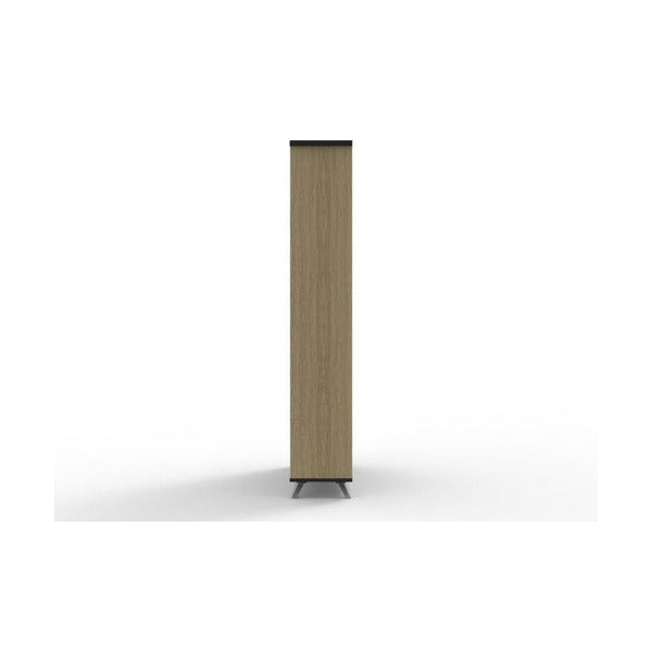 Side view of the Rapidline Rapid Infinity bookcase in Natural Oak, showing the end panel, black top edge and tapered legs.