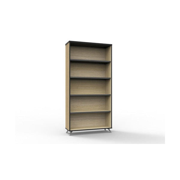 Rapidline Rapid Infinity bookcase in Natural Oak with black edging and open adjustable shelves, standing on polished aluminium tapered legs.