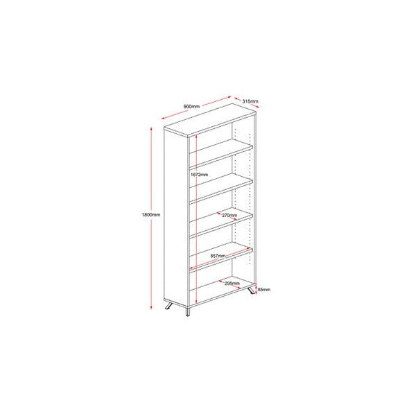 Line drawing of the Rapidline Rapid Infinity bookcase with overall height, width, depth and shelf spacing marked.