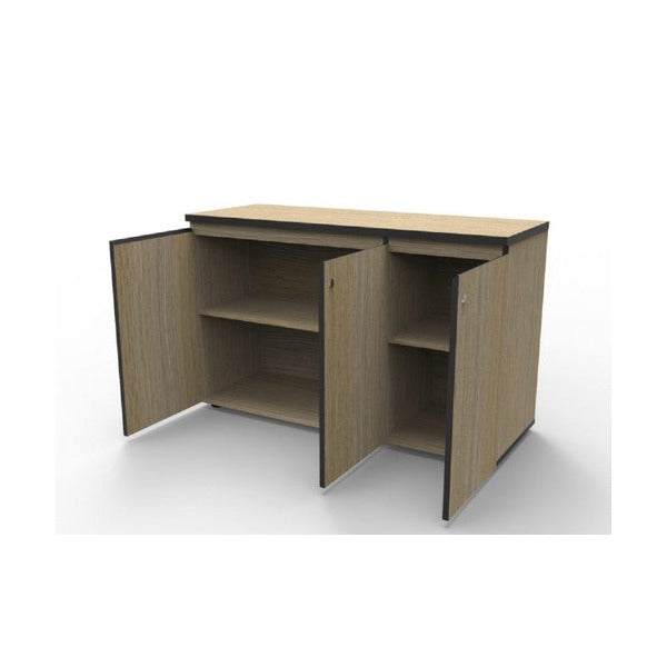 Rapidline Deluxe Infinity 3 door swing cupboard in natural oak with black edging, angled view with the doors open showing the shelves inside