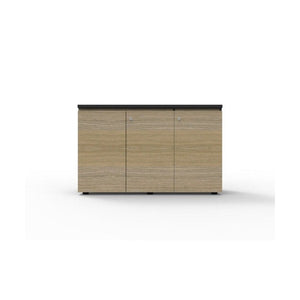 Rapidline Deluxe Infinity 3 door swing cupboard in natural oak with black edging, front view with all three doors closed