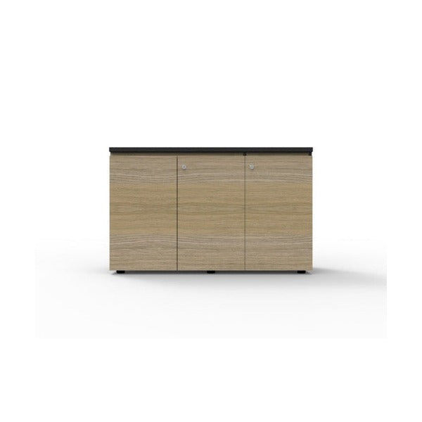 Rapidline Deluxe Infinity 3 door swing cupboard in natural oak with black edging, front view with all three doors closed