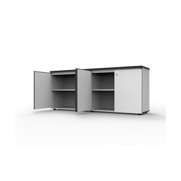 Rapidline Deluxe Infinity 4 door swing cupboard in natural white with black edging, angled view with two doors open showing the shelves inside