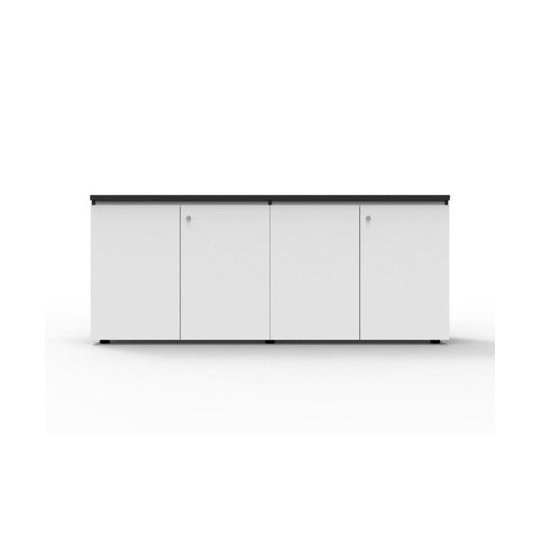 Rapidline Deluxe Infinity 4 door swing cupboard in natural white with black edging, front view with all four doors closed
