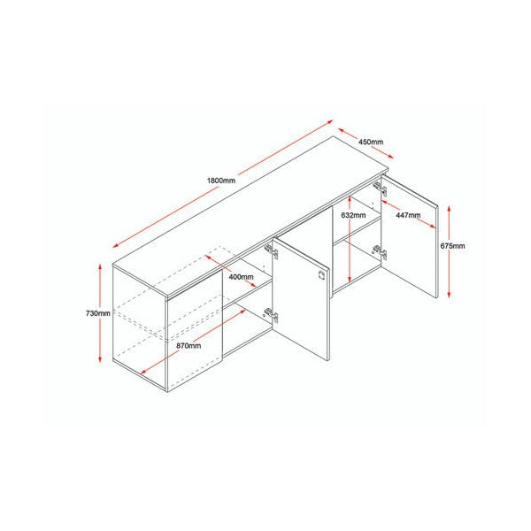 Line drawing of the Rapidline Deluxe Infinity 4 door swing cupboard marked 1800mm wide, with internal shelf dimensions