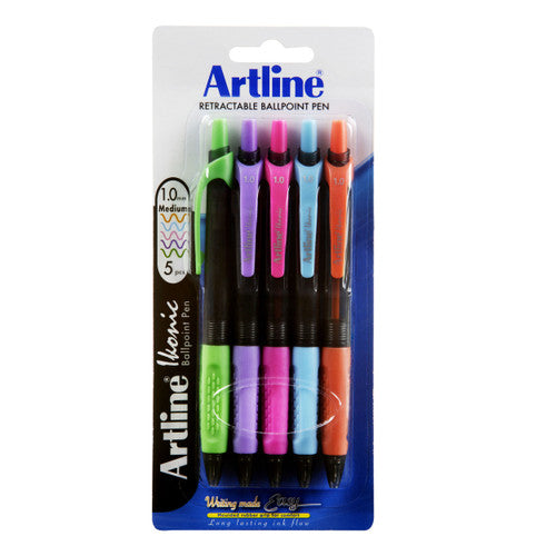 Artline Ikonic Ballpoint Retractable Grip Medium Bright Assorted Pack 5