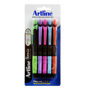 Artline Ikonic retractable ballpoint pen brights pack of 5 on its backing card, printed 1.0 Medium