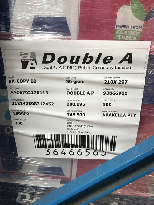 Double A A4 Copy Paper 80gsm White Pallet of 300 Reams