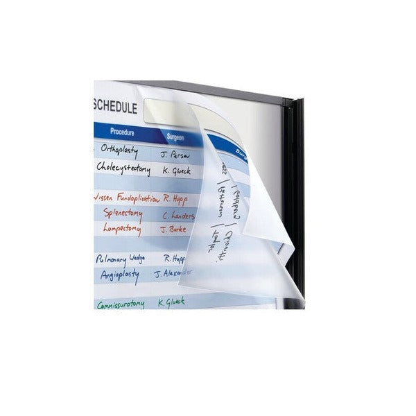 Quartet InView lens lifting from a schedule board filled in with procedures and surgeon names in red, blue and green marker. Shared range photo, not to scale for the 520 x 585mm lens