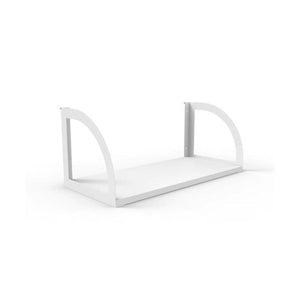 Rapid Infinity screen hung shelf with a white melamine shelf and white curved steel brackets, on a white background