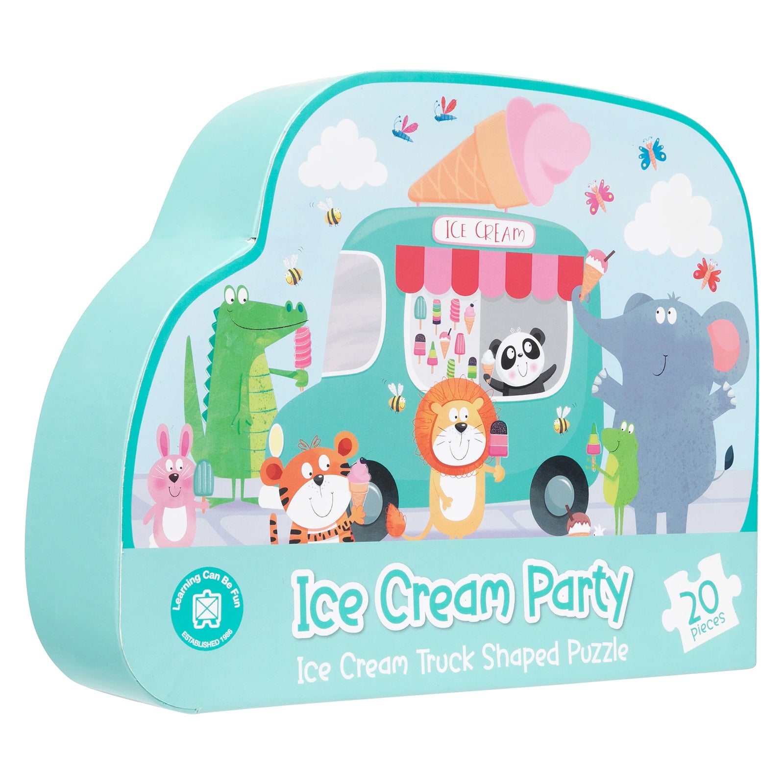 Retail packaging for the Ice Cream Party Ice Cream Truck Shaped Puzzle presented in a custom shaped box. The packaging highlights the colourful animal themed artwork, ice cream truck design and 20 piece format suitable for young children.