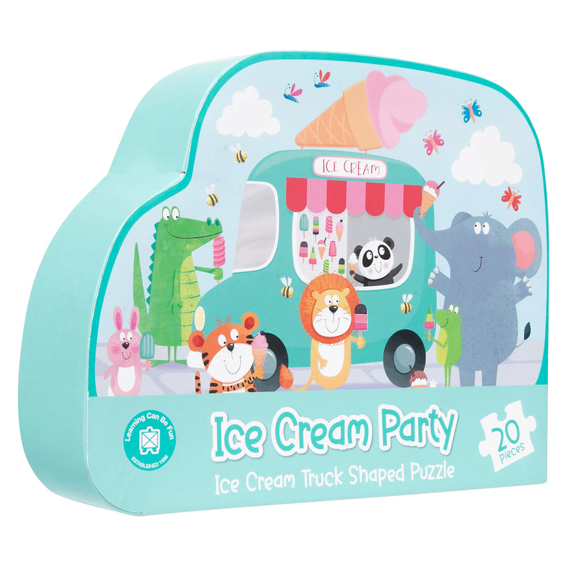Retail packaging for the Ice Cream Party Ice Cream Truck Shaped Puzzle presented in a custom shaped box. The packaging highlights the colourful animal themed artwork, ice cream truck design and 20 piece format suitable for young children.
