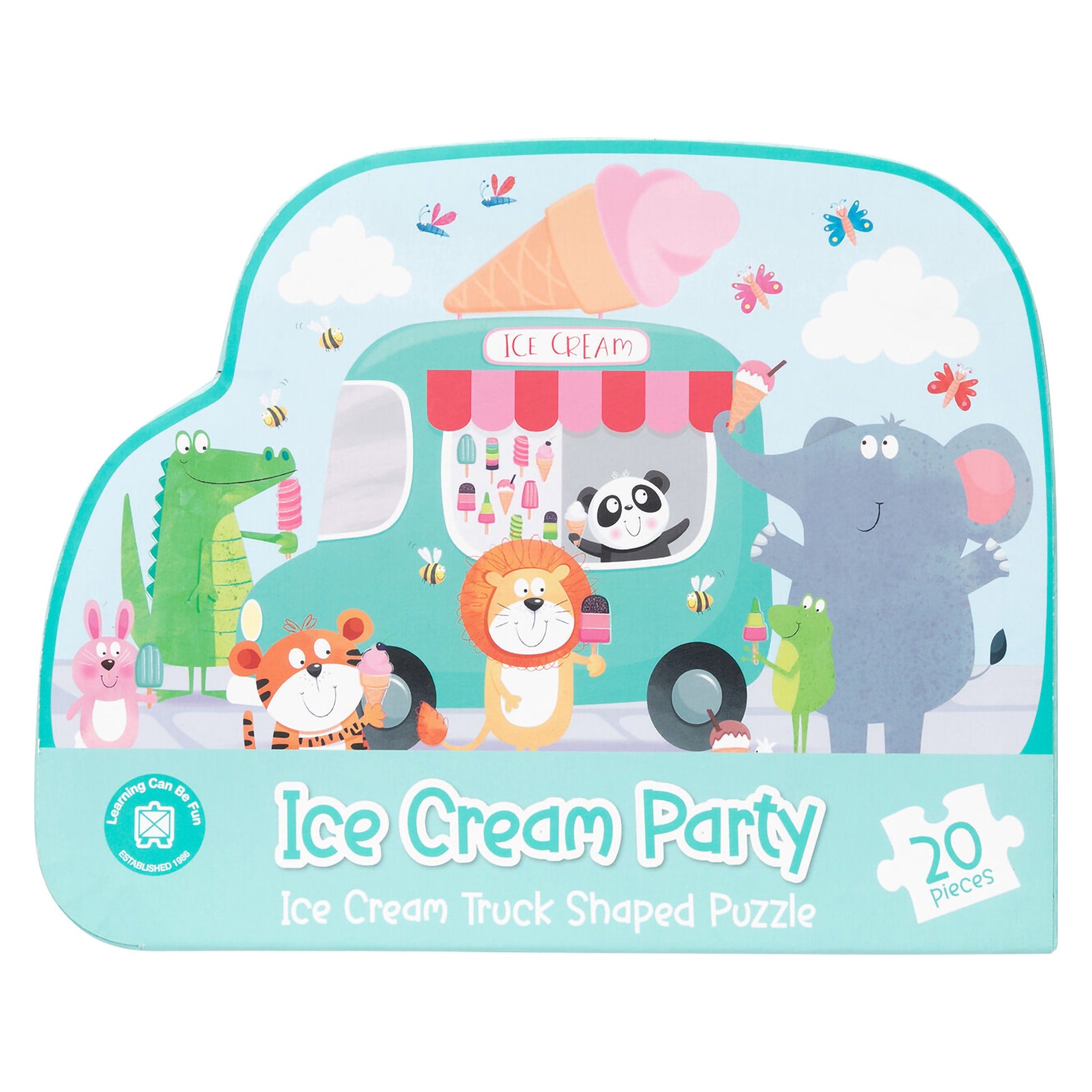 Front view of the Ice Cream Party puzzle packaging featuring the completed ice cream truck scene. Friendly animal characters, pastel colours and a playful ice cream theme create an inviting educational puzzle for preschool aged children.